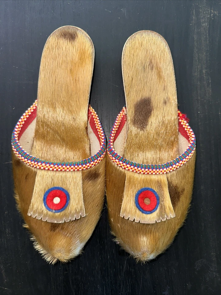 Vintage Elk Brand Hair On Elk Hide Moccasins Open Back Embroidered Edging RARE - Image 1 of 4