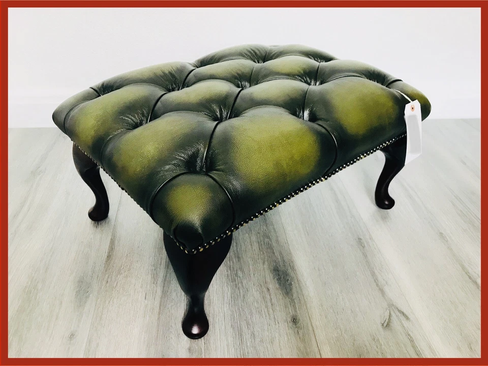 Chesterfield Queen Anne Button Green Genuine Leather Footstool - Image 1 of 4