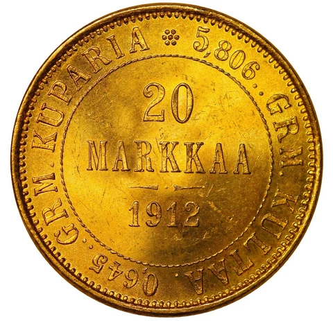 1912 Nicholas II Finland Coin Gold Coinage Rare 20 markkaa KM# 9 #FIN4400 Cover