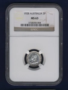 AUSTRALIA 1928 THREEPENCE SILVER COIN, CHOICE UNCIRCULATED CERTIFIED NGC MS-63 - Picture 1 of 2