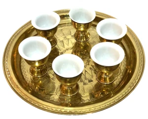 Vntg Shiny Gold Jewish Hebrew Sabbath Kiddush Cups & Serving Tray Israel Judaica - Picture 1 of 11