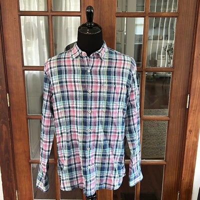 Tommy Bahama Dress Shirt Mens Large Blue Pink White Plaid Linen Button Up - Image 1 of 4
