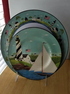 2pc SAKURA Evolution COASTAL BREEZE Lighthouses Sail Boat Melmac Dinner + Salad - Picture 1 of 5