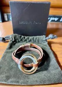 Michael Kors Gold and Crystal 3 Ring Brown Leather Wrap Bracelet - Picture 1 of 3