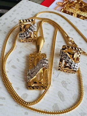 "Pendiente y collar único de dos tonos de oro real fino 22K 916 22C 12,7 g" Foto 1 de 4