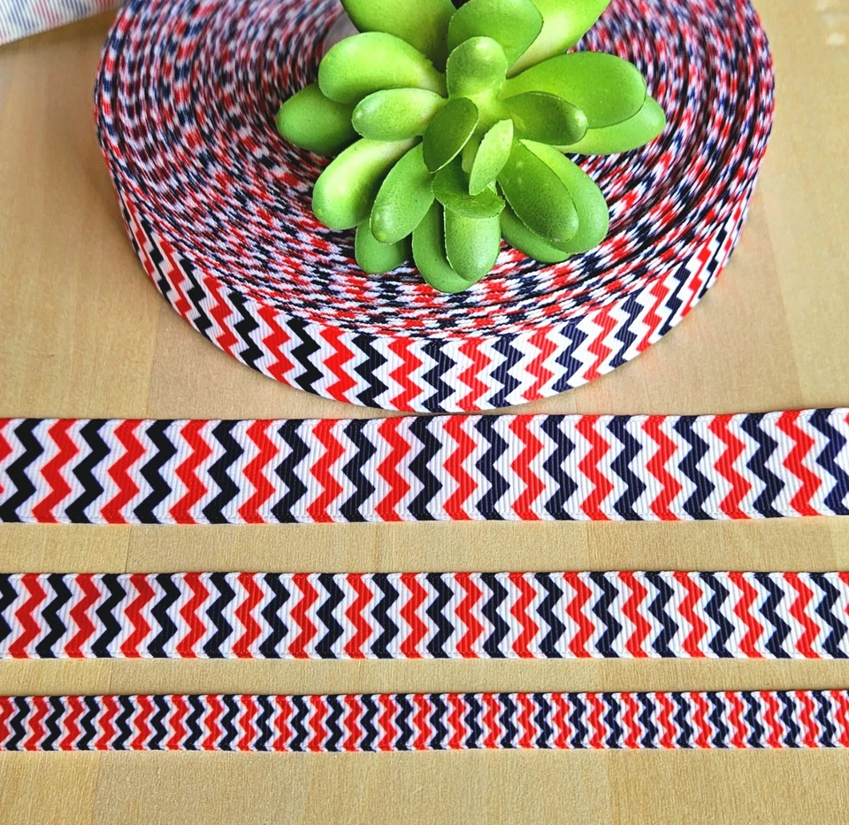 3/8, 5/8 & 7/8" (1 YD) Red White & Blue Chevron Grosgrain Ribbon Patriotic 4th - Image 1 of 1