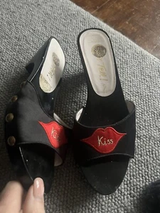 Lulu Guinness 'Kiss & Tell' Mules Wooden Size 35 Black/Red - Picture 1 of 9
