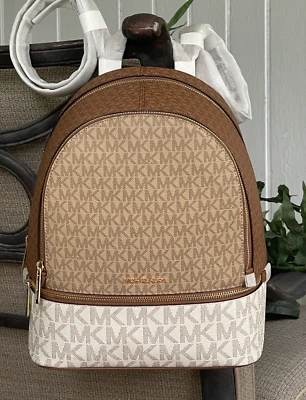 MICHAEL KORS RHEA MOCHILA BOLSO TOTE CREMALLERA MEDIANA MK CAMEL MARRÓN VAINILLA MK LOGO Foto 1 de 4