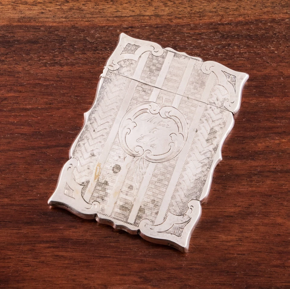 AMERICAN ART DECO COIN SILVER CARD CASE ENGINE TURNED MONOGRAM MOTHER TO ELLA - Image 1 of 4