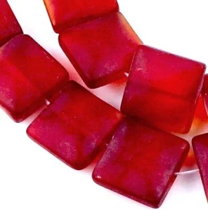 12mm Frosted Sea Glass Square Beads (13) - Siam Red - Picture 1 of 3