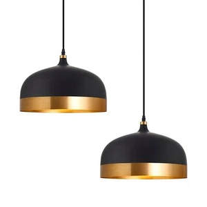 Luce Ciondolo Cupola Metallo Nero Anello Dorato Bordo Cucina Moderna Pranzo Soggiorno - Foto 1 di 16