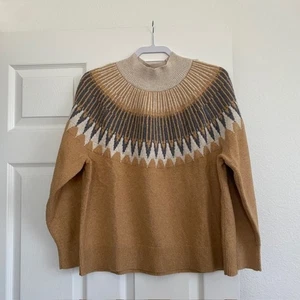 Loft Fair Isle Mock Neck Sweater Women's XL Brown Tan Gray Cream Cozy Winter - Picture 1 of 8
