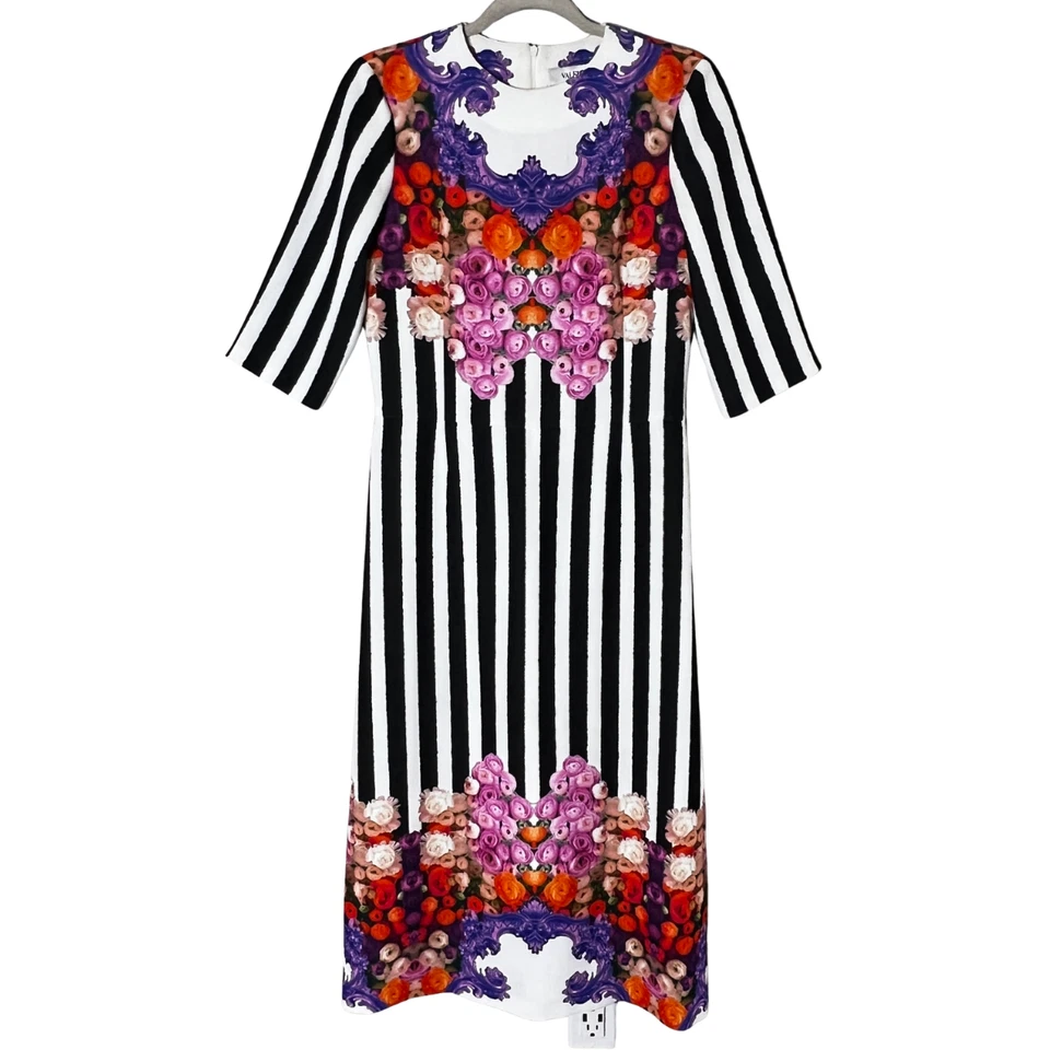 Valentino Midi Sheath Dress Medium Multicolor Floral Striped Short Sleeve Luxury - Image 1 of 4