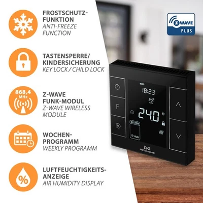 MCO Home Z-Wave Raumthermostat Thermostat schwarz Fußbodenheizung Infrarot-Heizu - Bild 1 von 4