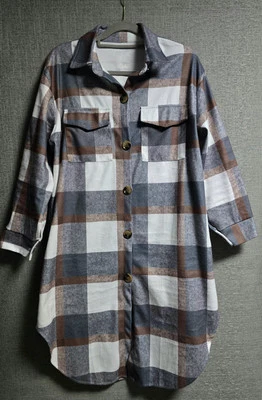 Chaqueta Abrigo Casual Mujer Camisa Larga Chaqueta Con Bolsillos Beige Cuadros, 14-16 Foto 1 de 4