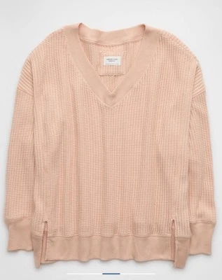 Sudadera para mujer American Eagle de gran tamaño con cuello en V Waffle rosa claro L Foto 1 de 4