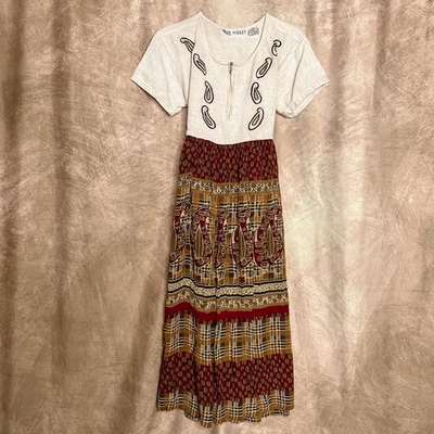 Vestido midi vintage años 90 Jane Ashley cachemir estampado boho cintura imperio manga corta Foto 1 de 4