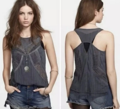 Free People Women’s Get To The Point Trinity Crochet Tank Top Medium Gray Beaded - Image 1 of 4