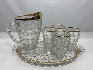 Juego de bandeja, jarra y vidrio vintage Jeannette con estampado de huellas dactilares de vidrio dorado - Imagen 1 de 7