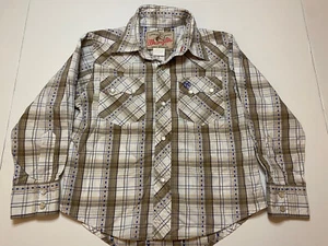 VINTAGE Wrangler Shirt Youth XS 3-4 Brown White Long Sleeve Pearl Snap Boys Kids - Picture 1 of 6