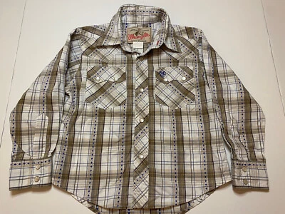 VINTAGE Wrangler Shirt Youth XS 3-4 Brown White Long Sleeve Pearl Snap Boys Kids - Image 1 of 4