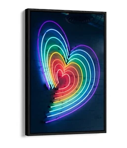 RAINBOW HEART NEON LIGHTS SIGN -FLOAT EFFECT CANVAS WALL ART PIC PRINT GRAFFITI - Picture 1 of 12