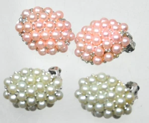VTG Cluster Clip on Earrings 1" Cluster Pink and White- 2 Pairs - Oval Shape - Picture 1 of 2