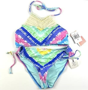 Hobie Girl’s Crochet Hi Neck Blue Multi Colored Bikini Set Size 12 - Picture 1 of 3