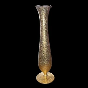 22 Karate Lotus Glas Vase Hollywood Regency gekräuselt Gold Overlay 10" Vintage - Bild 1 von 8