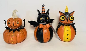 Transpac Halloween pumpkin, Bat, Owl Resin figurines. Set Of 3 - Picture 1 of 7