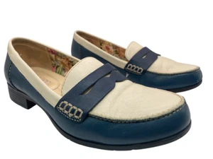 Hotter Sorbet Leather Shoes Loafer Blue Cream Low Block Heel UK 5 - Picture 1 of 22