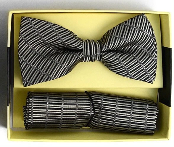 Umo Lorenzo Nueva Pajarita Preatada Gris y Negro Rayas y Cuadrado de Bolsillo Foto 1 de 1