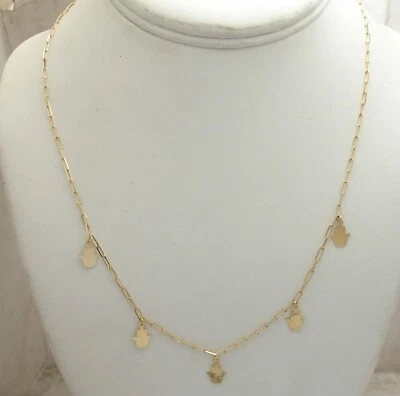 Adjustable Hamsa Charm Pendant Paper Clip Chain Necklace Real 14K Yellow Gold - Image 1 of 4