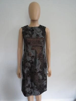 Vestido Vaina J. Mendel Gunmetal/Cobre Floral Seda Brocado/Cuero, Talla US 4 Foto 1 de 4