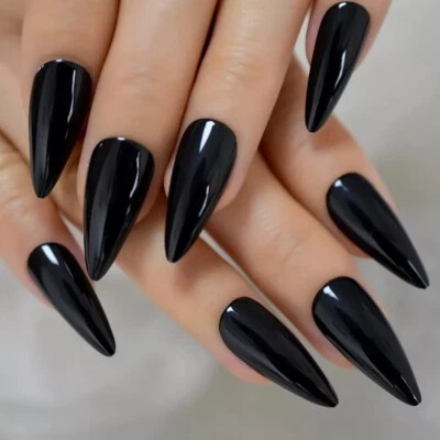 24 Черный Stiletto пресс на ногти набор новый клей готический заостренный - Изображение 1 из 4
