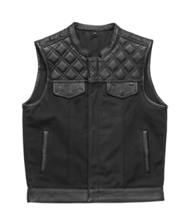 HL21664HFBLACK Men Cross Stitch Half Leather Half Canvas Club Motorcycle Vest - Picture 1 of 1