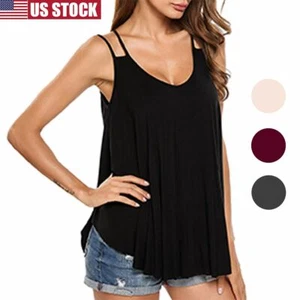 Women's Camisole Tank Top Loose Fit V Neck Plus Size Double Spaghetti Strap Top - Picture 1 of 14