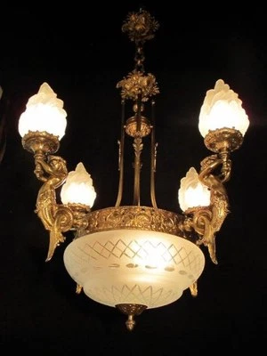 Chandelier & wall lights bronze w/ mermaid sculptures by European  Lighting - Image 1 of 4