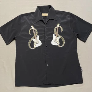 VINTAGE Dragonfly Shirt Mens Large Black Guitar Gaucho Guayabera Rockability Y2K - Picture 1 of 10