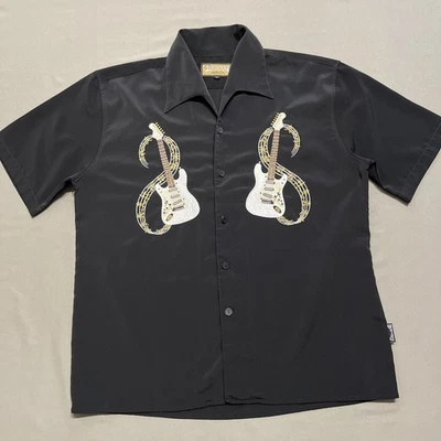 VINTAGE Dragonfly Shirt Mens Large Black Guitar Gaucho Guayabera Rockability Y2K - Image 1 of 4