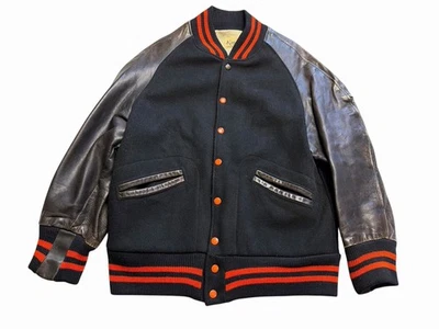 Vintage 60s Kandel Varsity Letterman Jacket Wool Leather Black & Orange Size 40 - Image 1 of 4