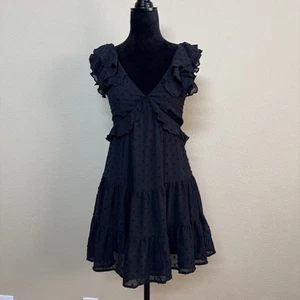 NWT Trixxi dress women XS clip-dot ruffled tiered vneck lined tie back black - Picture 1 of 13