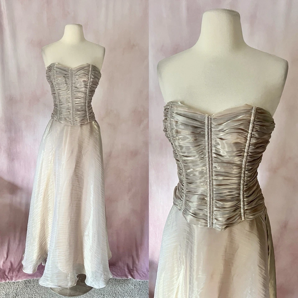 Vtg Jessica McClintock Cache Dress Sz 6 Iridescent Champagne Corset Ball Gown - Image 1 of 4