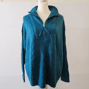 Talbots Petites Size Lp Teal Blue Cable Knit Zip Neck Collared Long-Sleeved Wome - Picture 1 of 19