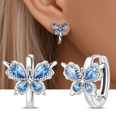Pendientes de aro PANDACH 925 plata esterlina esmalte azul mariposa para mujer regalos Foto 1 de 4