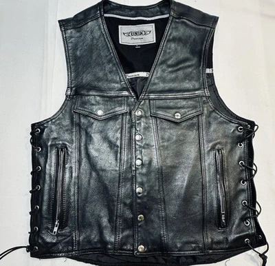 UNIK Premium Men’s Black Leather Motorcycle Vest Silver Snap Buttons Large - Image 1 of 4