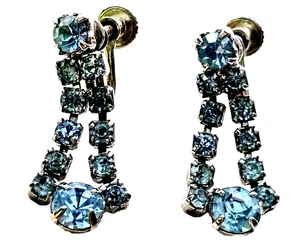 RETRO ERA Dangle Earrings Aquamarine Prong Set Screw Back Silvertone 1950s EUC - Picture 1 of 9
