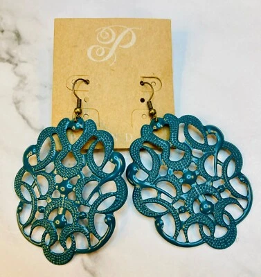 Pendientes colgantes de filigrana verde azulado con ganchos de bronce de 3" de largo ligeros boho -130 Foto 1 de 3