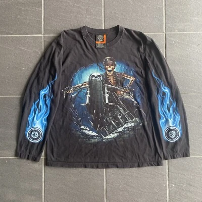 Camiseta vintage años 90 calavera llamas puntada única manga larga top hombre’s L Rock Foto 1 de 4