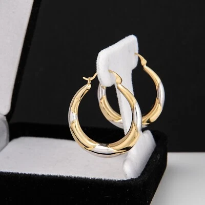 14K Gold Two Tone Hoop Earrings Creole Twist Yellow & White Gold Fine Estate 1" - Image 1 of 4